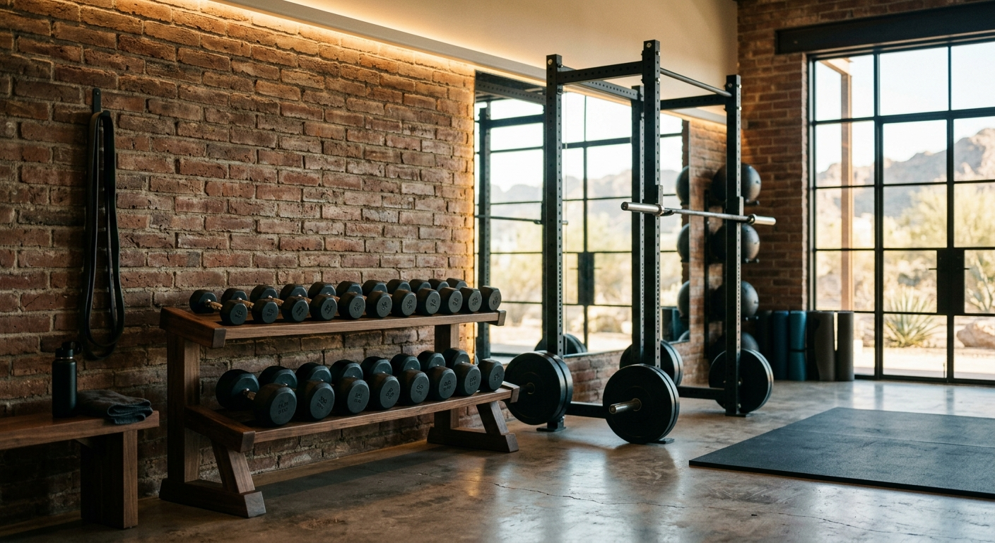 A strength training studio interior in warm light, dumbbell racks and a squat rack against exposed brick