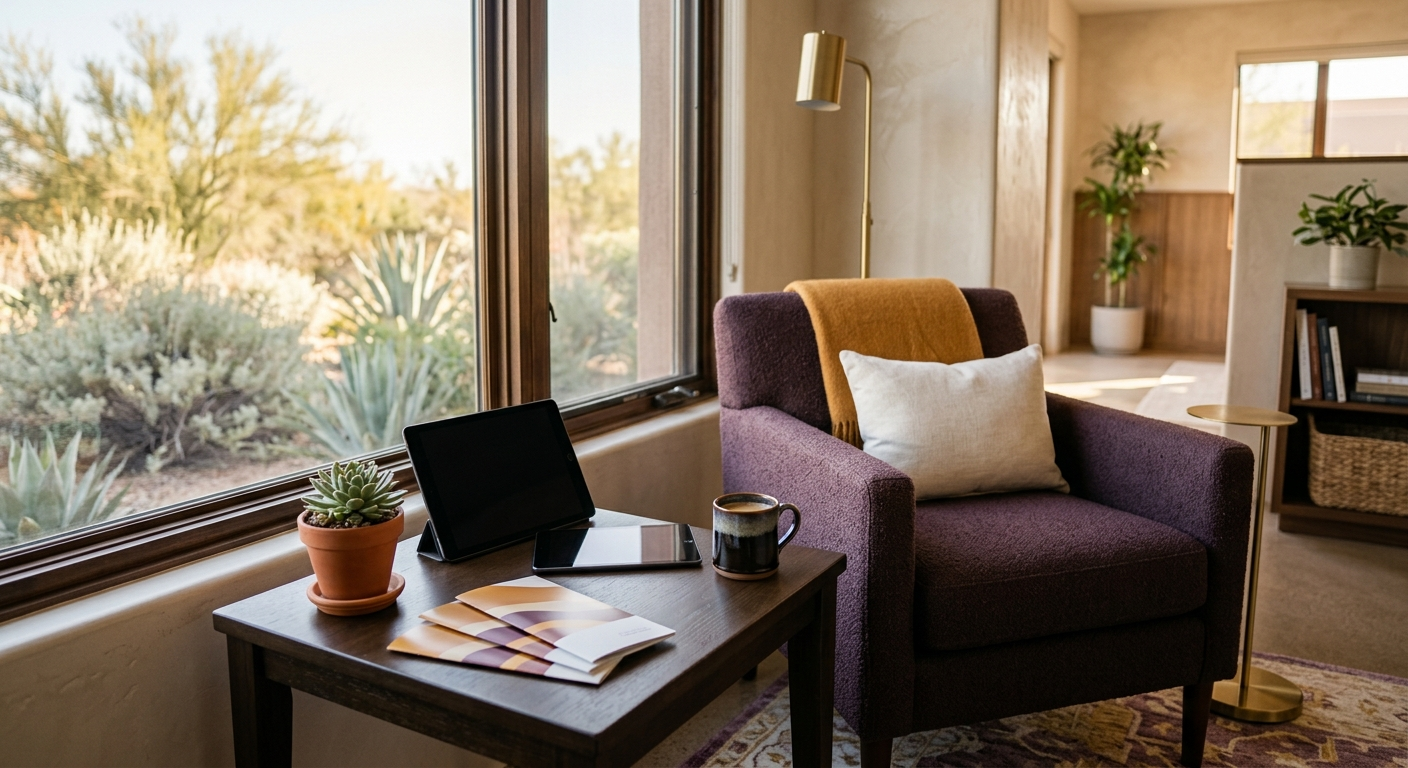 A warm modern reading nook beside a sunlit window with a tablet and a fan of brochures